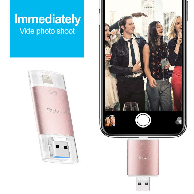 Richwell 3 in 1 64G Type-C + 8 Pin + USB 3.0 Metal Double Cover Push-pull Flash Disk with OTG Fun...