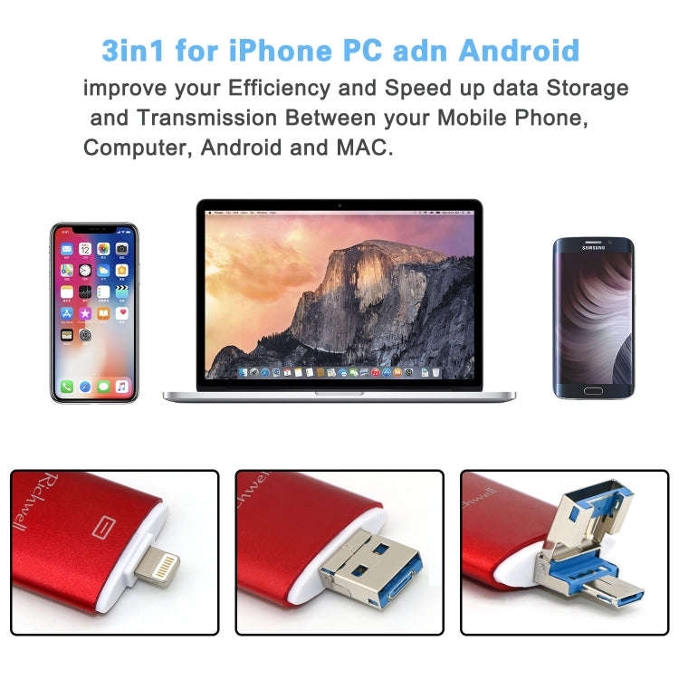 Richwell 3 in 1 64G Type-C + 8 Pin + USB 3.0 Metal Double Cover Push-pull Flash Disk with OTG Fun...