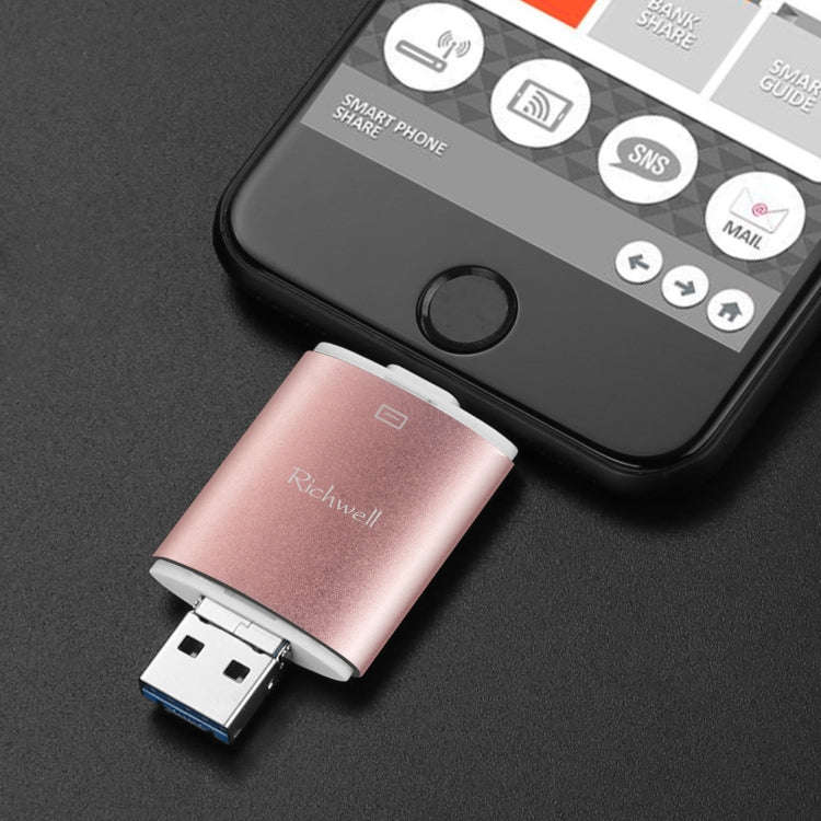 Richwell 3 in 1 64G Type-C + 8 Pin + USB 3.0 Metal Double Cover Push-pull Flash Disk with OTG Fun...