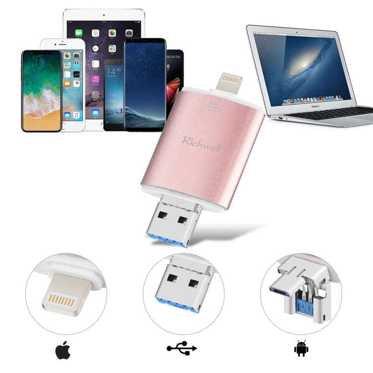 Richwell 3 in 1 64G Type-C + 8 Pin + USB 3.0 Metal Double Cover Push-pull Flash Disk with OTG Fun...