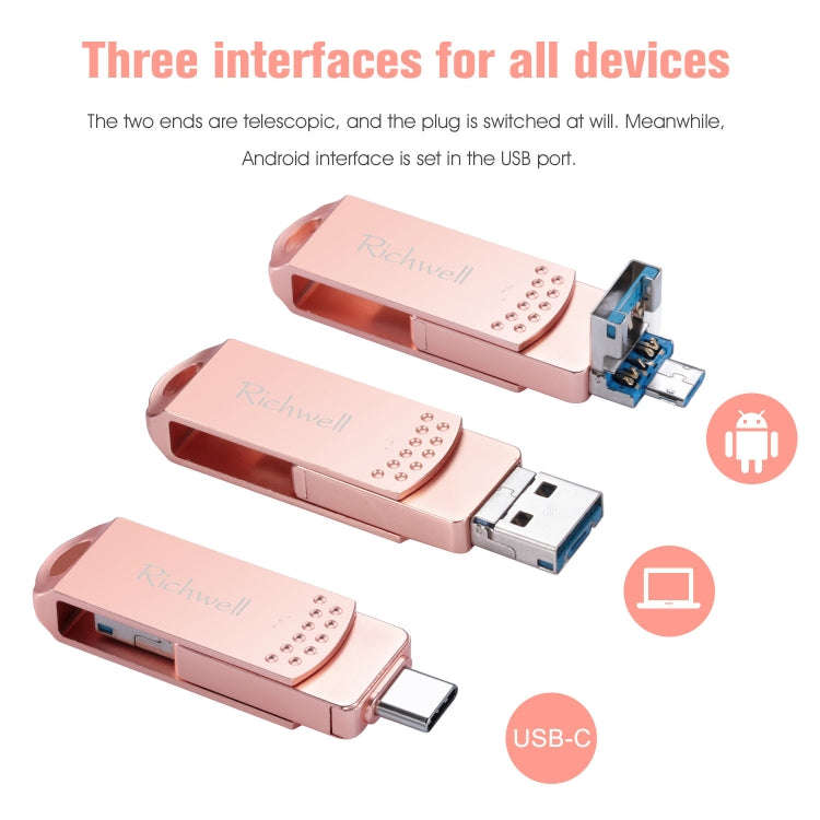 Richwell 3 in 1 128G Type-C + Micro USB + USB 3.0 Metal Flash Disk with OTG Function(Silver)