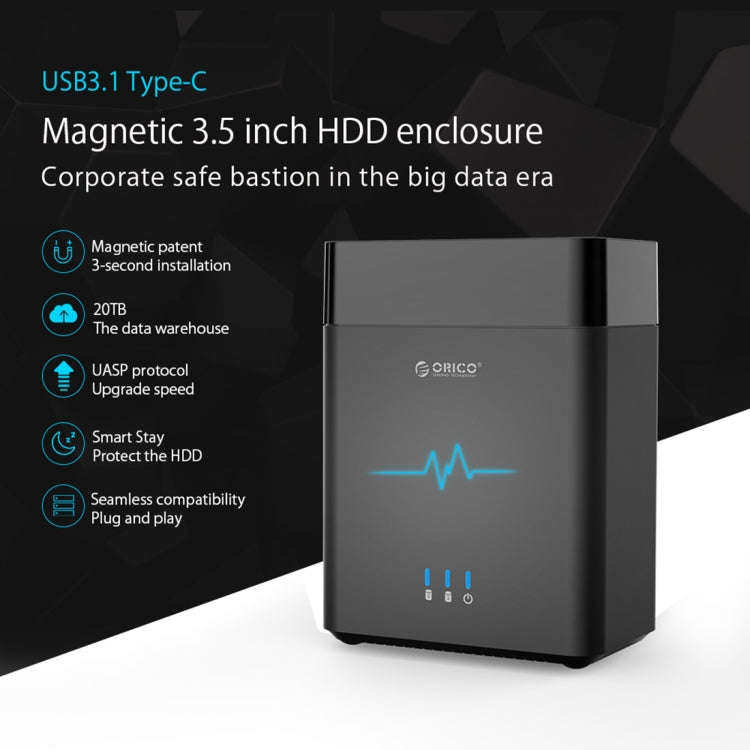 ORICO DS200C3 3.5 inch 2 Bay Magnetic-type USB-C / Type-C Hard Drive Enclosure with Blue LED Indi...