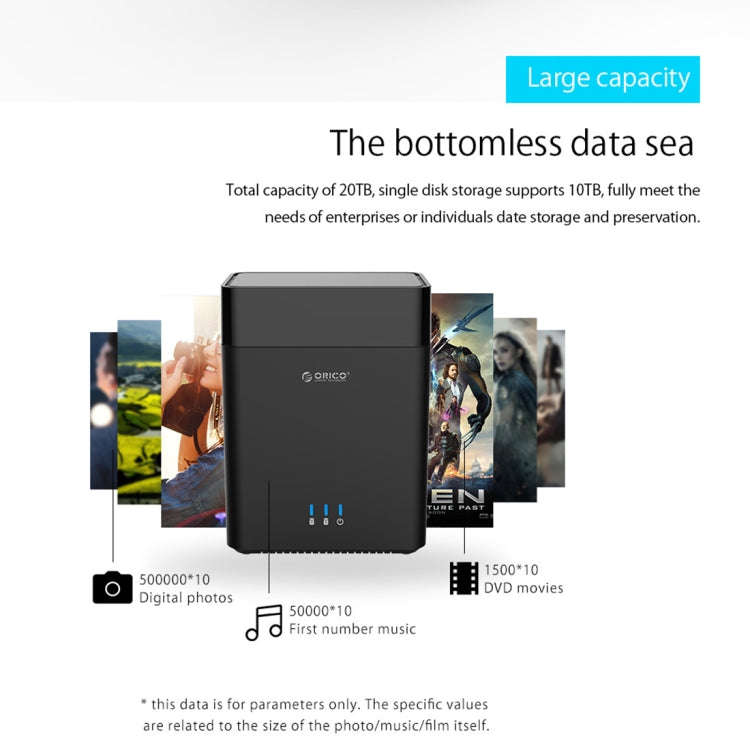 ORICO DS200C3 3.5 inch 2 Bay Magnetic-type USB-C / Type-C Hard Drive Enclosure with Blue LED Indi...