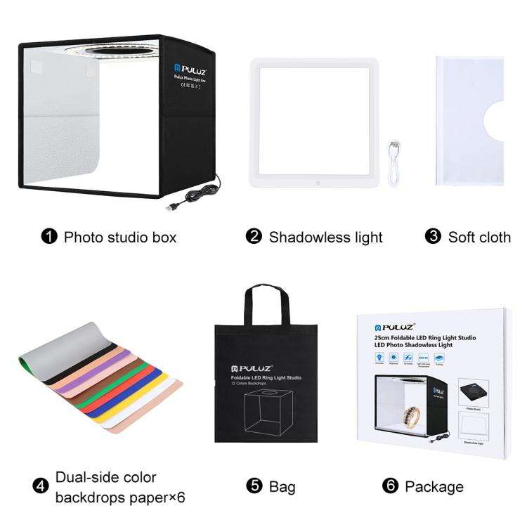 PULUZ 25cm Folding Portable High CRI Ring LED Photo Lighting Studio Tent Box + Shadowless Light L...