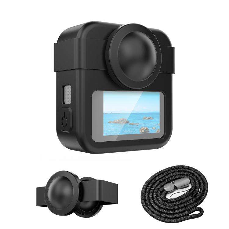 For GoPro MAX2 PULUZ Body Silicone Protective Case with Dual Lens Caps Cover & Strap (Black)