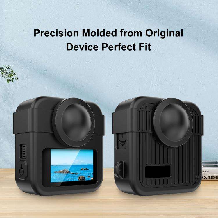 For GoPro MAX2 PULUZ Body Silicone Protective Case with Dual Lens Caps Cover & Strap (Black)