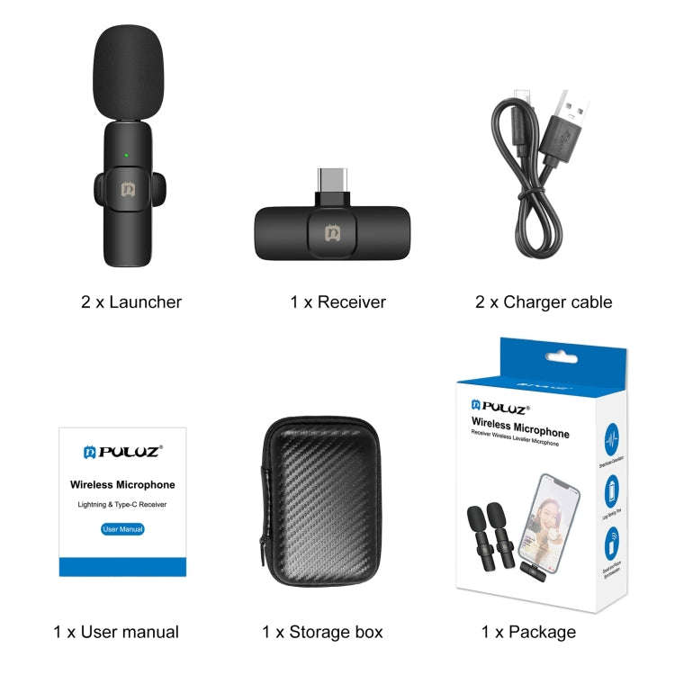 PULUZ Wireless Lavalier Noise Reduction Reverb Microphones for Type-C Phone, Type-C Receiver and ...