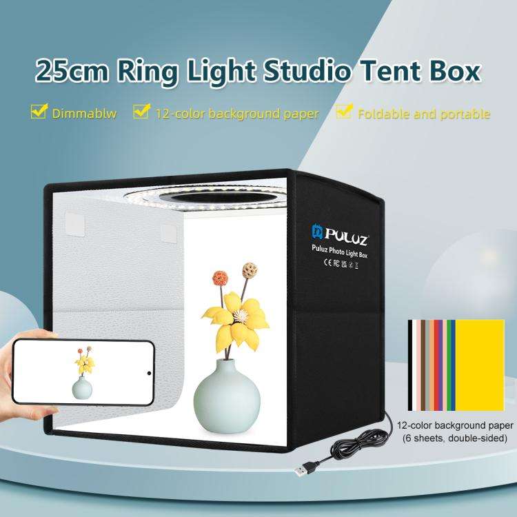 PULUZ 25cm Folding Portable Ring Light Photo Lighting Studio Shooting Tent Box with 12 Colors Bac...