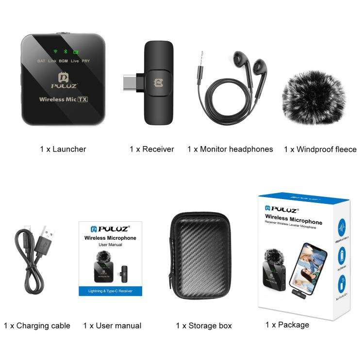 PULUZ Wireless Lavalier Microphone for Type-C Phone, Type-C Receiver(Black)