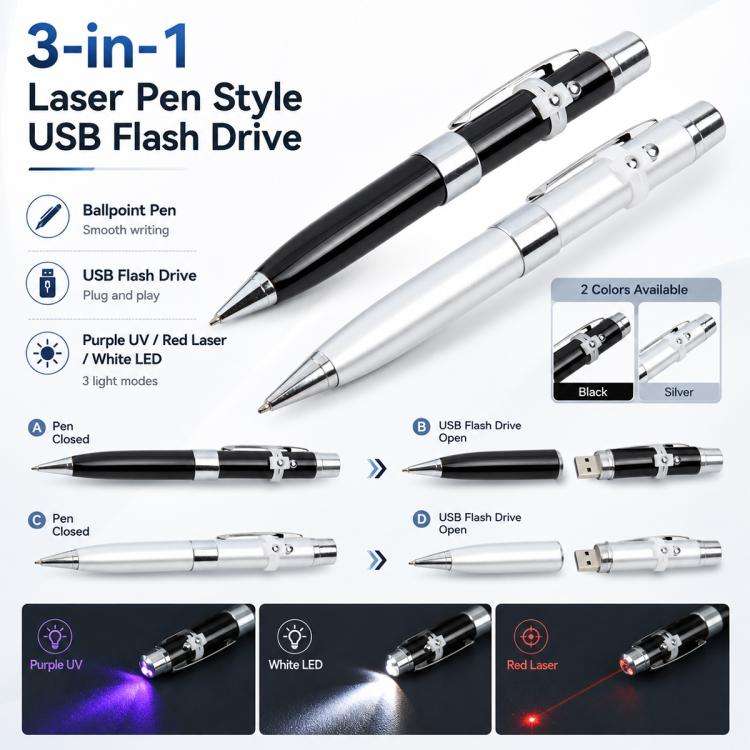 3 in 1 Laser Pen Style USB Flash Disk, Silver (8GB)