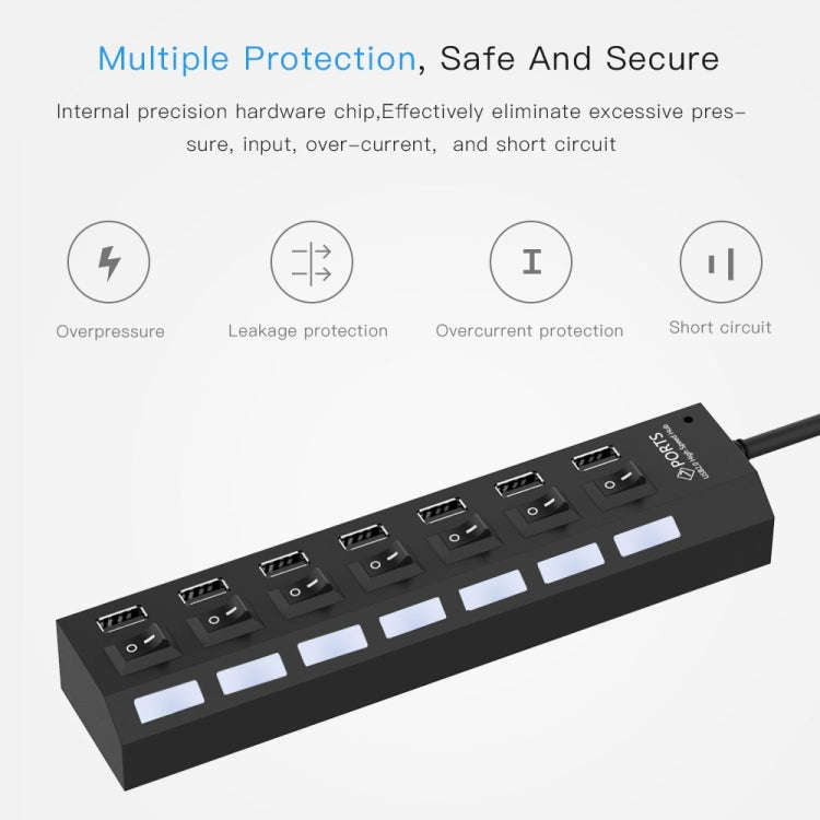 7 Ports USB Hub 2.0 USB Splitter High Speed 480Mbps with ON/OFF Switch / 7 LEDs(Black)