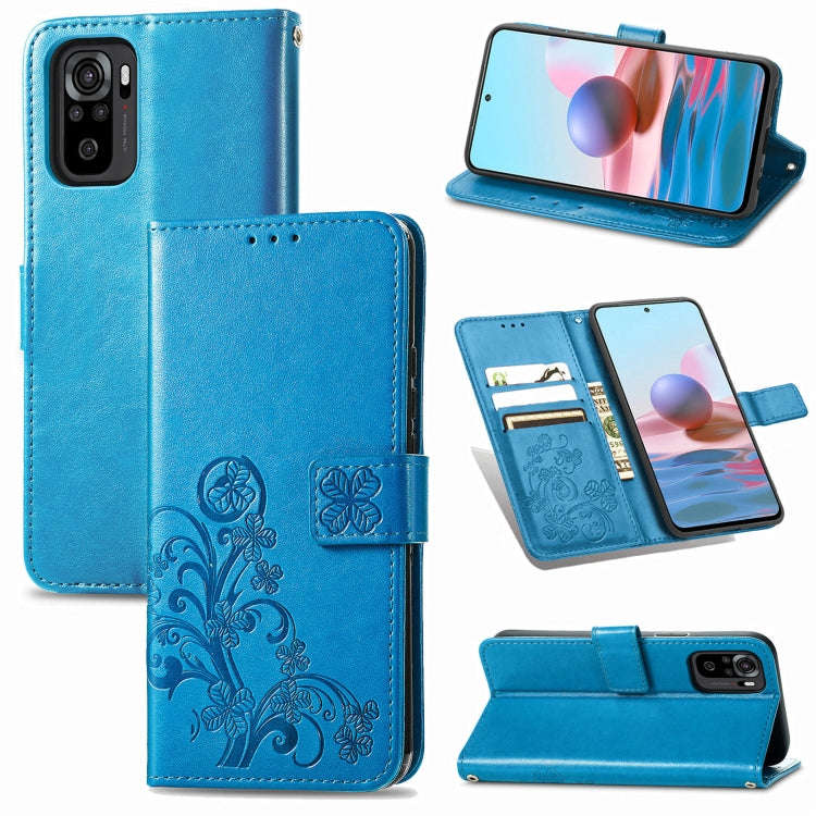 For Xiaomi Redmi Note 10 4G Four-leaf Clasp Embossed Buckle Mobile Phone Protection Leather Case ...
