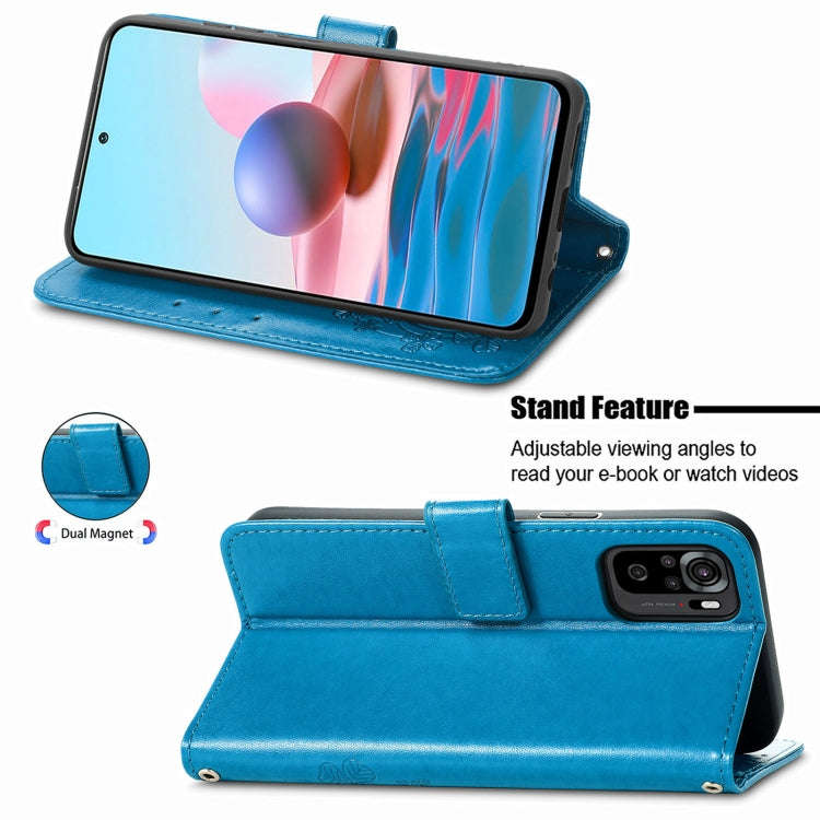 For Xiaomi Redmi Note 10 4G Four-leaf Clasp Embossed Buckle Mobile Phone Protection Leather Case ...