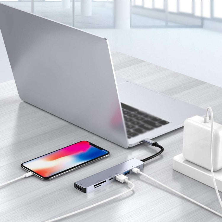 7 in 1 Type-C to HDMI + SD/TF + 2 x Type-C + 2 x USB3.0 Multi-function Splitter Adapter