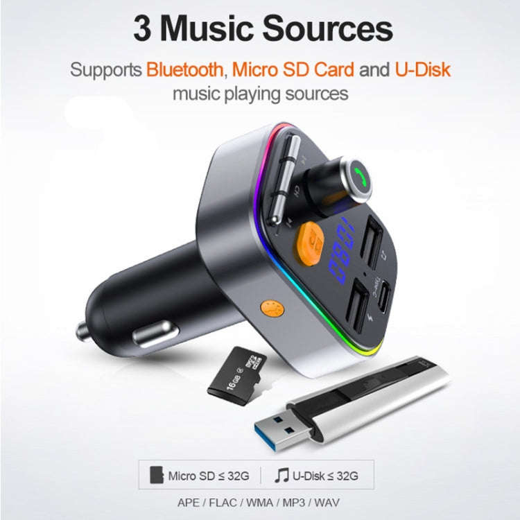 T48C Car Bluetooth 5.0 Fm Transmitter Kit Dual USB with Type-C 5V 2.4A Car Charger