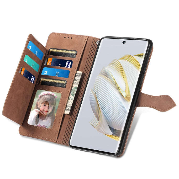 For Huawei Nova 10 Embossed Flower Zipper Leather Phone Case(Brown)