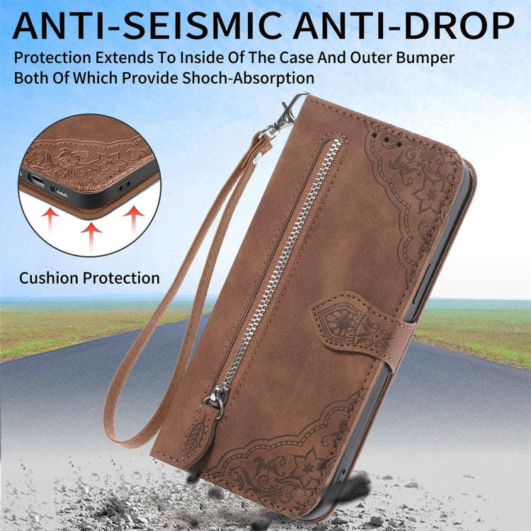 For Huawei Nova 10 Embossed Flower Zipper Leather Phone Case(Brown)