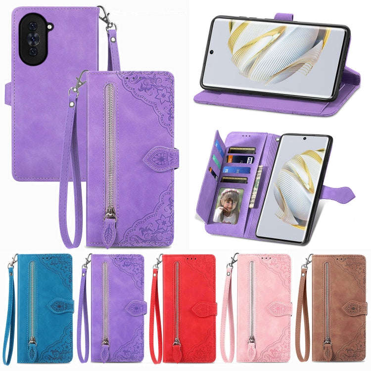 For Huawei Nova 10 Embossed Flower Zipper Leather Phone Case(Brown)