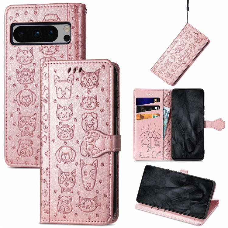 For Google Pixel 8 Pro Cat and Dog Embossed Leather Phone Case(Rose Gold)