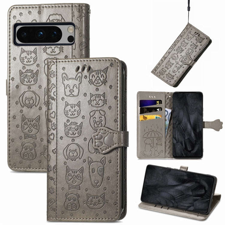 For Google Pixel 8 Pro Cat and Dog Embossed Leather Phone Case(Gray)