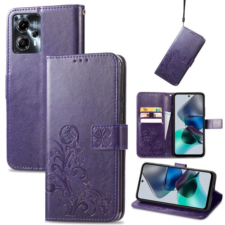 For Motorola Moto G23 Four-leaf Clasp Embossed Buckle Leather Phone Case(Purple)