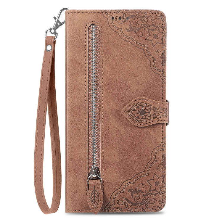 For Redmi Note 12 Pro 4G Global Embossed Flower Zipper Leather Phone Case(Brown)
