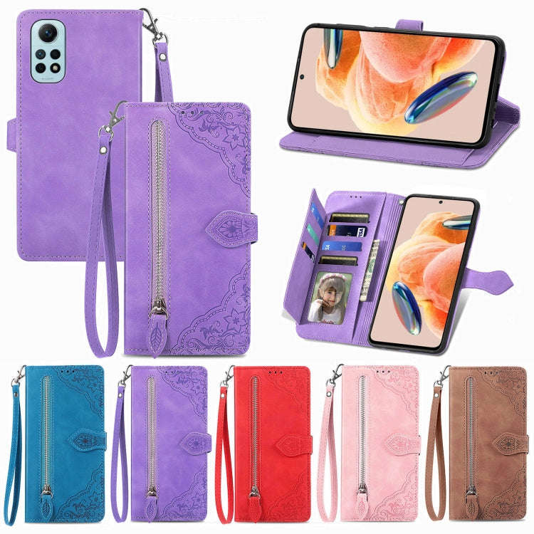 For Redmi Note 12 Pro 4G Global Embossed Flower Zipper Leather Phone Case(Brown)