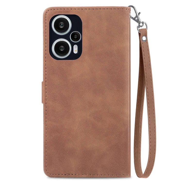 For Redmi Note 12 Turbo Embossed Flower Zipper Leather Phone Case(Brown)