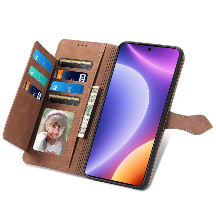 For Redmi Note 12 Turbo Embossed Flower Zipper Leather Phone Case(Brown)