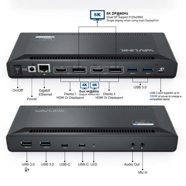 Wavlink UG69PD2 Dual 4K Fast Charging Integrated Docking Station, Plug:US Plug