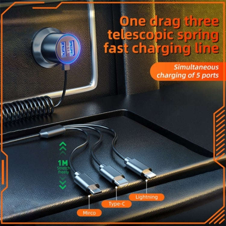 K15 Car Adapter 3 in 1 Stretchable Cable 22.5W Quick Charge Cigarette Lighter Dual USB Ports
