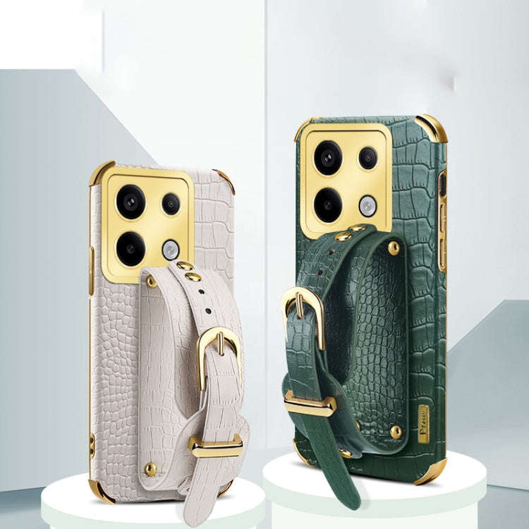 For Xiaomi Redmi Note 13 Pro 4G Electroplated Wrist Strap Crocodile Leather Back Phone Case(White)
