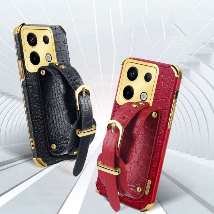 For Xiaomi Redmi Note 13 Pro 4G Electroplated Wrist Strap Crocodile Leather Back Phone Case(White)