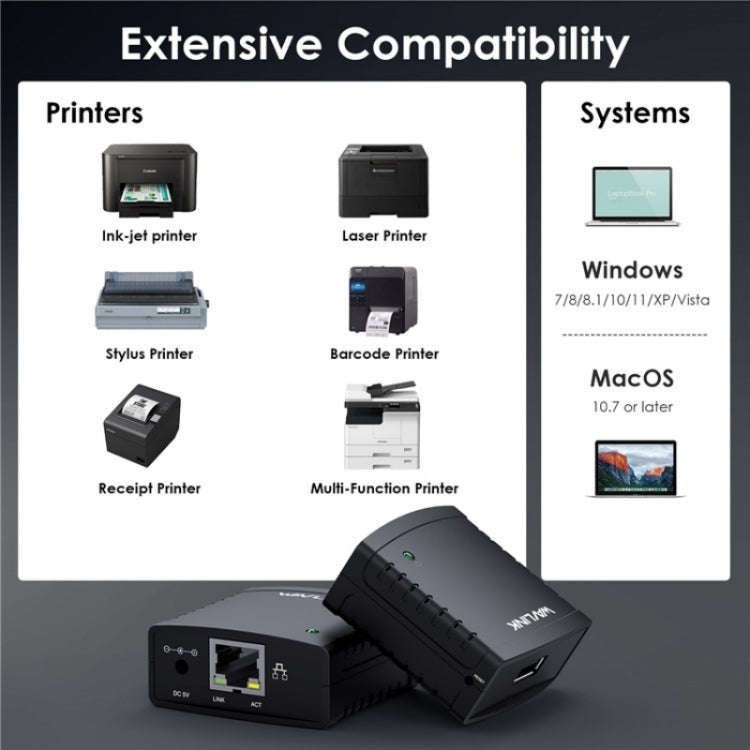 WAVLINK NU72P11 100Mbps Network Print Server USB 2.0 Network Printer Power Adapter(UK Plug)