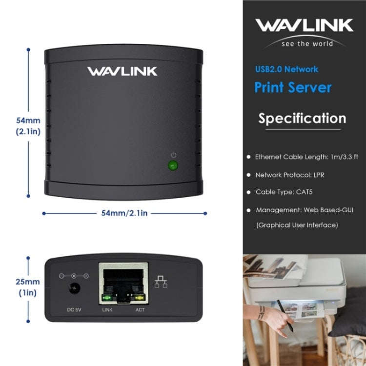 WAVLINK NU72P11 100Mbps Network Print Server USB 2.0 Network Printer Power Adapter(UK Plug)