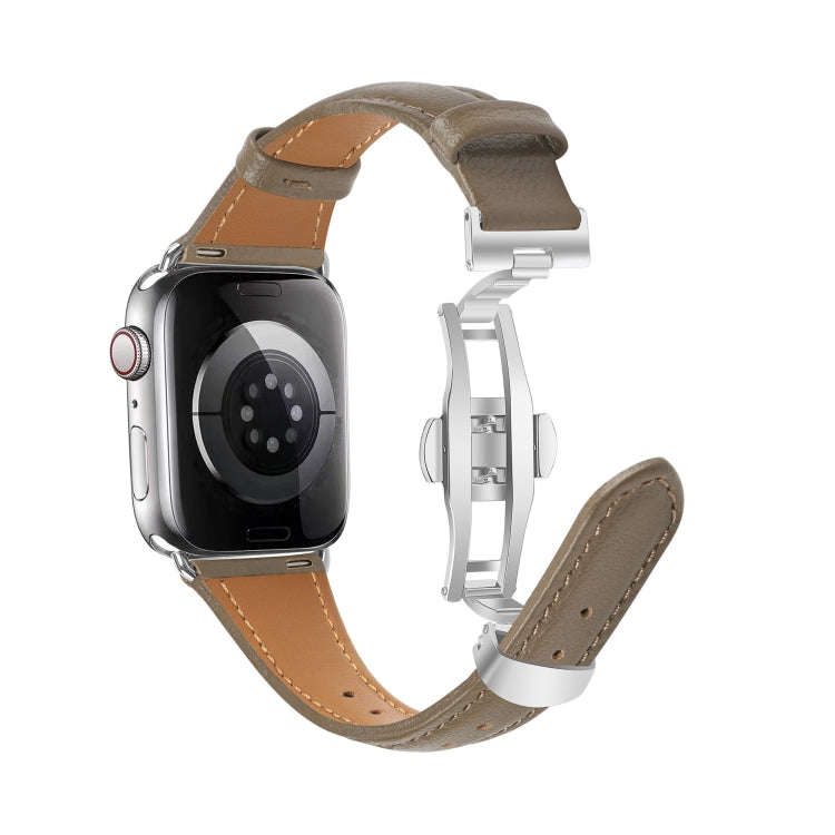 For Apple Watch Series 7 45mm Plain Leather Butterfly Buckle Watch Band(Gray+Silver)