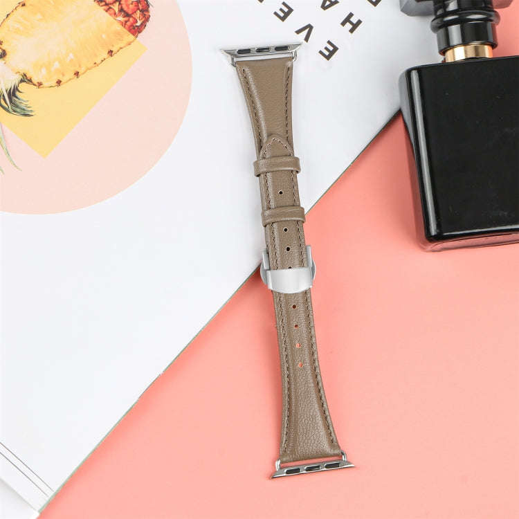 For Apple Watch Series 7 45mm Plain Leather Butterfly Buckle Watch Band(Gray+Silver)
