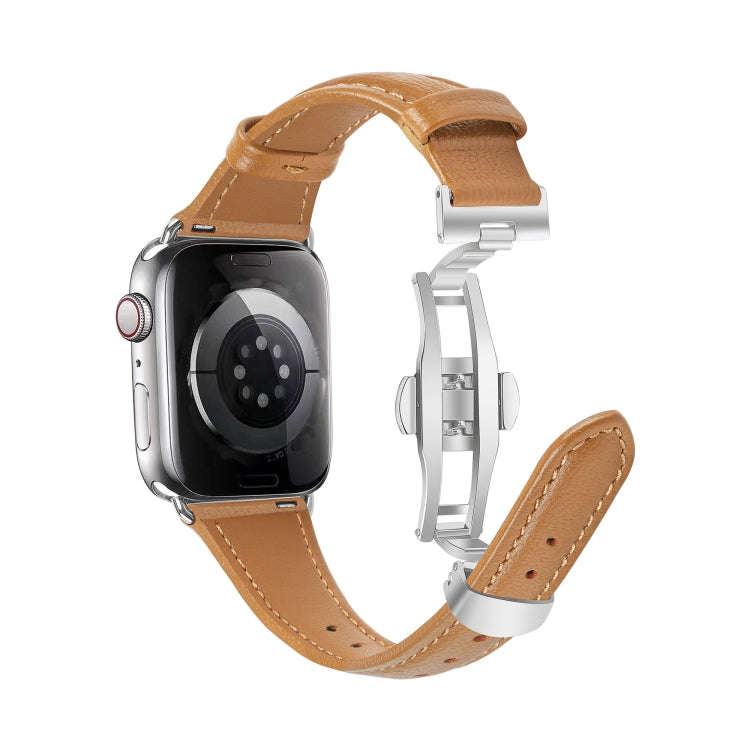 For Apple Watch Series 7 45mm Plain Leather Butterfly Buckle Watch Band(Brown+Silver)