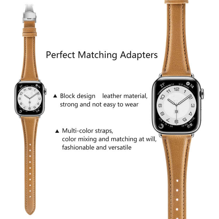 For Apple Watch Series 7 45mm Plain Leather Butterfly Buckle Watch Band(Brown+Silver)