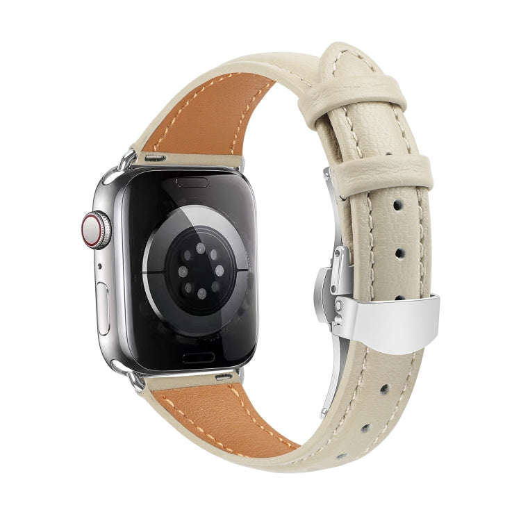 For Apple Watch Series 6 40mm Plain Leather Butterfly Buckle Watch Band(Beige+Silver)