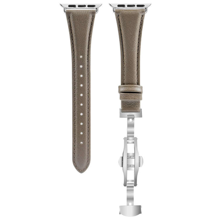 For Apple Watch Series 6 44mm Plain Leather Butterfly Buckle Watch Band(Gray+Silver)