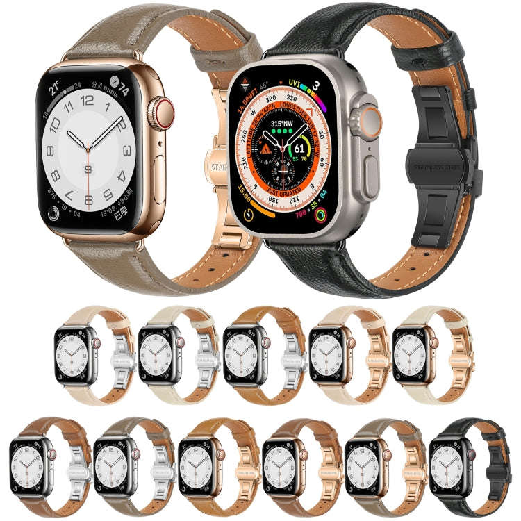 For Apple Watch Series 7 45mm Plain Leather Butterfly Buckle Watch Band(Brown+Silver)
