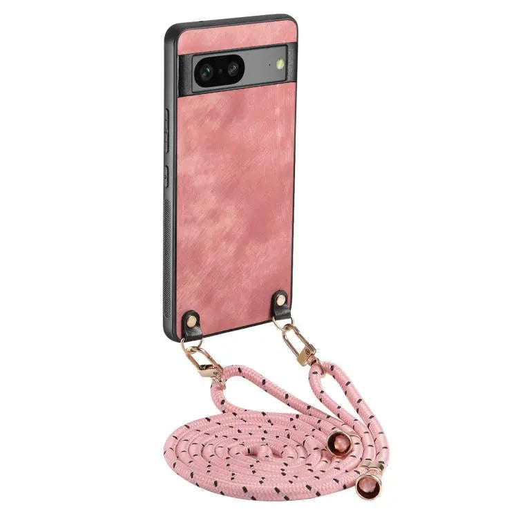 For Google Pixel 7a Vintage Leather PC Back Cover Phone Case with Crossbody Strap(Pink)