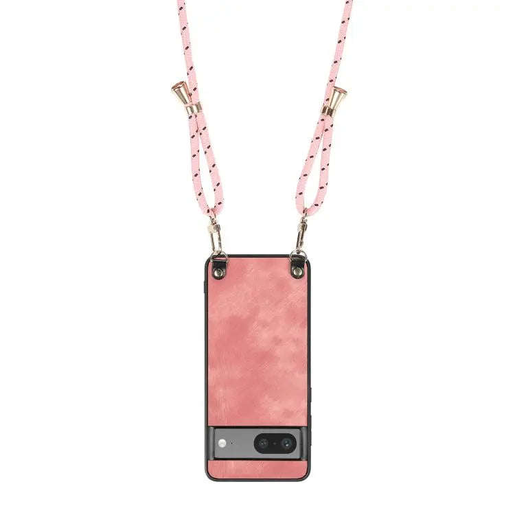 For Google Pixel 7a Vintage Leather PC Back Cover Phone Case with Crossbody Strap(Pink)