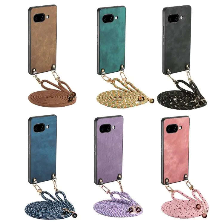 FOr Google Pixel 6a Vintage Leather PC Back Cover Phone Case with Crossbody Strap(Pink)