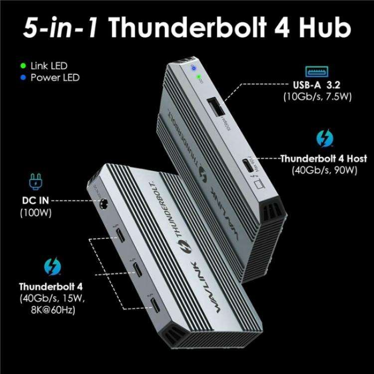 WAVLINK UTD49T 100W PD Input USB-A High Speed Data Transfer Adapter Thunderbolt 4 Hub(UK Plug)