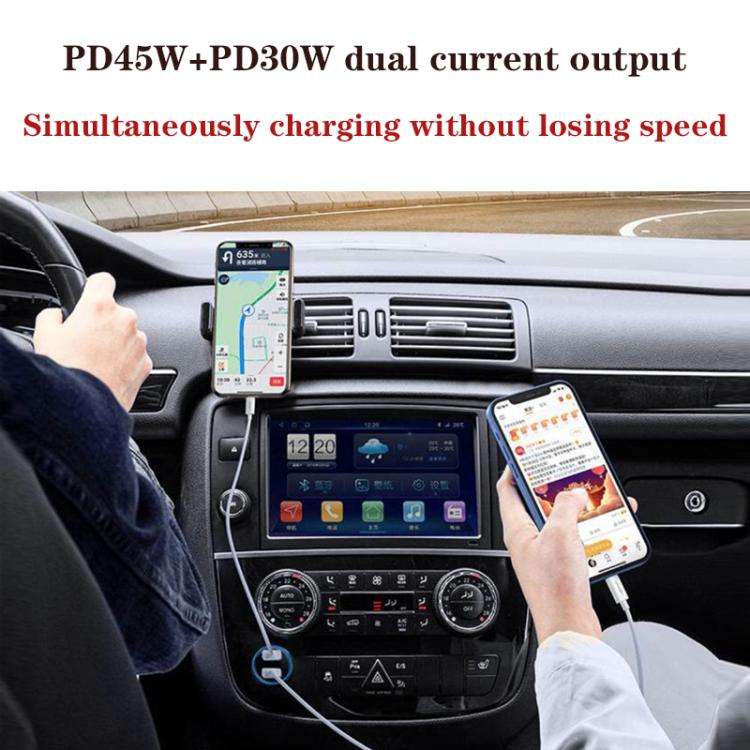 P65 PD45W + PD30W Dual Port Type-C Car Charger for iPhone / iPad Series(Black)