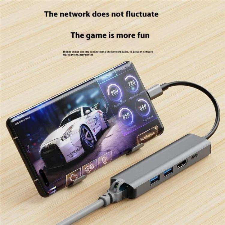 2403 Type-C to 100M RJ45 USB3.0 USB2.0 4K / 30Hz HD PD100W Adapter 5-in-1 USB Hub