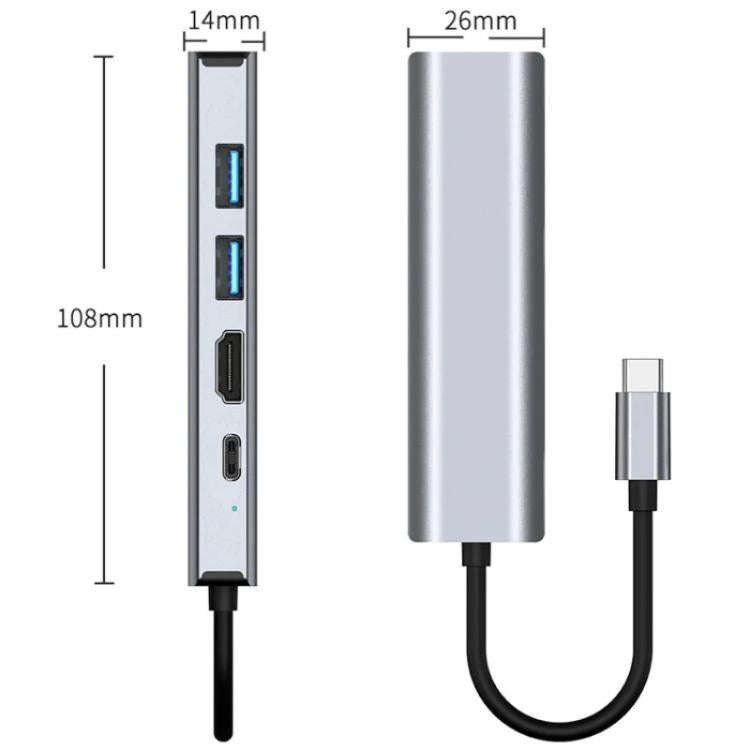 2403 Type-C to 100M RJ45 USB3.0 USB2.0 4K / 30Hz HD PD100W Adapter 5-in-1 USB Hub