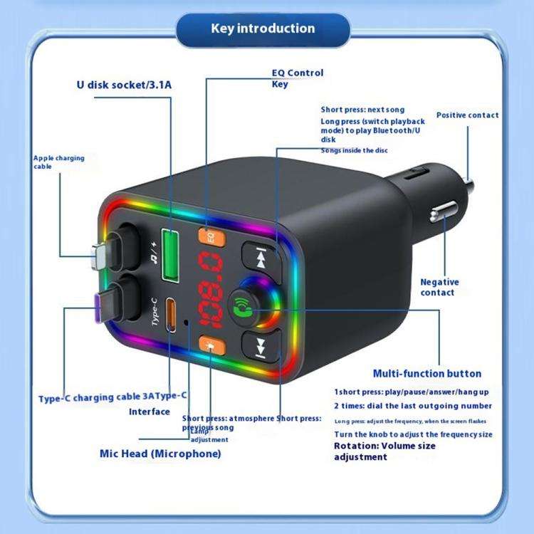 Y6 Retractable Cable EQ Adjustment Bluetooth FM Transmitter Car Charger MP3 Player